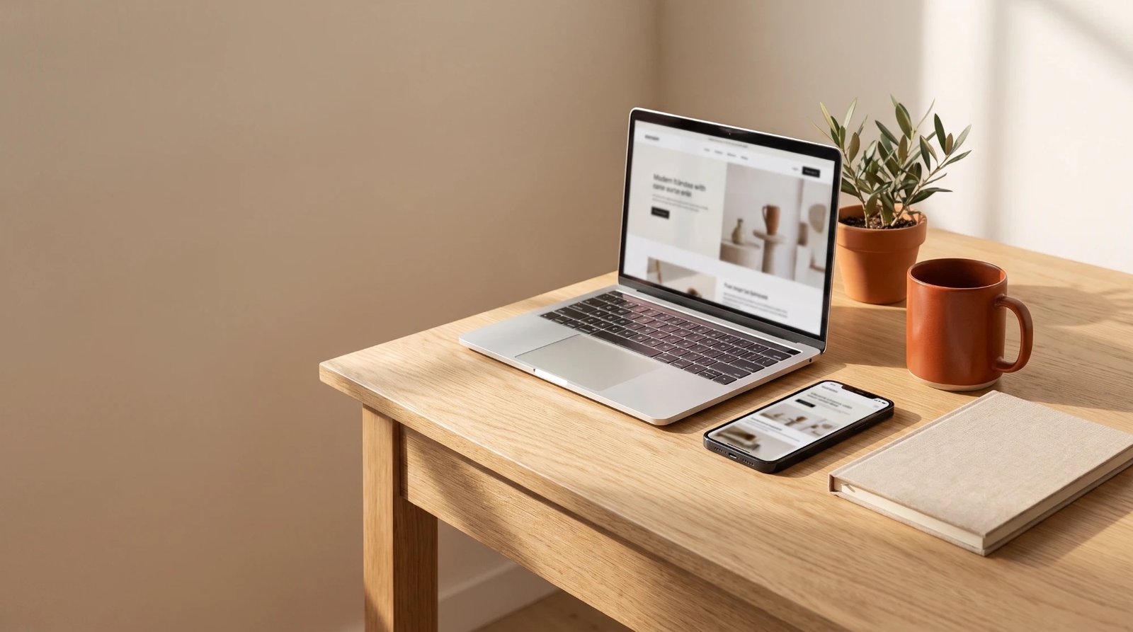 A laptop and a phone showing the same clean small business website on a sunlit oak desk, beside a terracotta mug and a small olive plant
